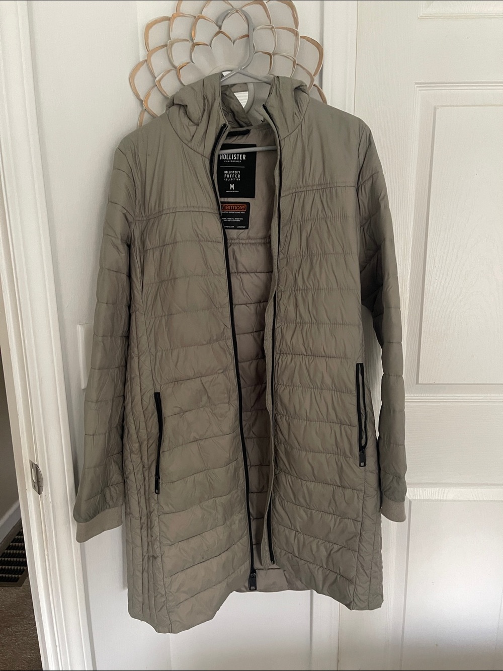 Hollister Women’s Quilted Hooded Long Puffer Jacket - gray
